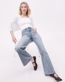 Jeans Long Déchiré à Délavé Pâle à Taille Haute et Jambe Large