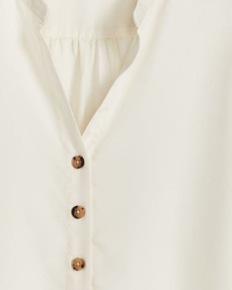 Lyocell Button-Down Blouse with Puffy Sleeves