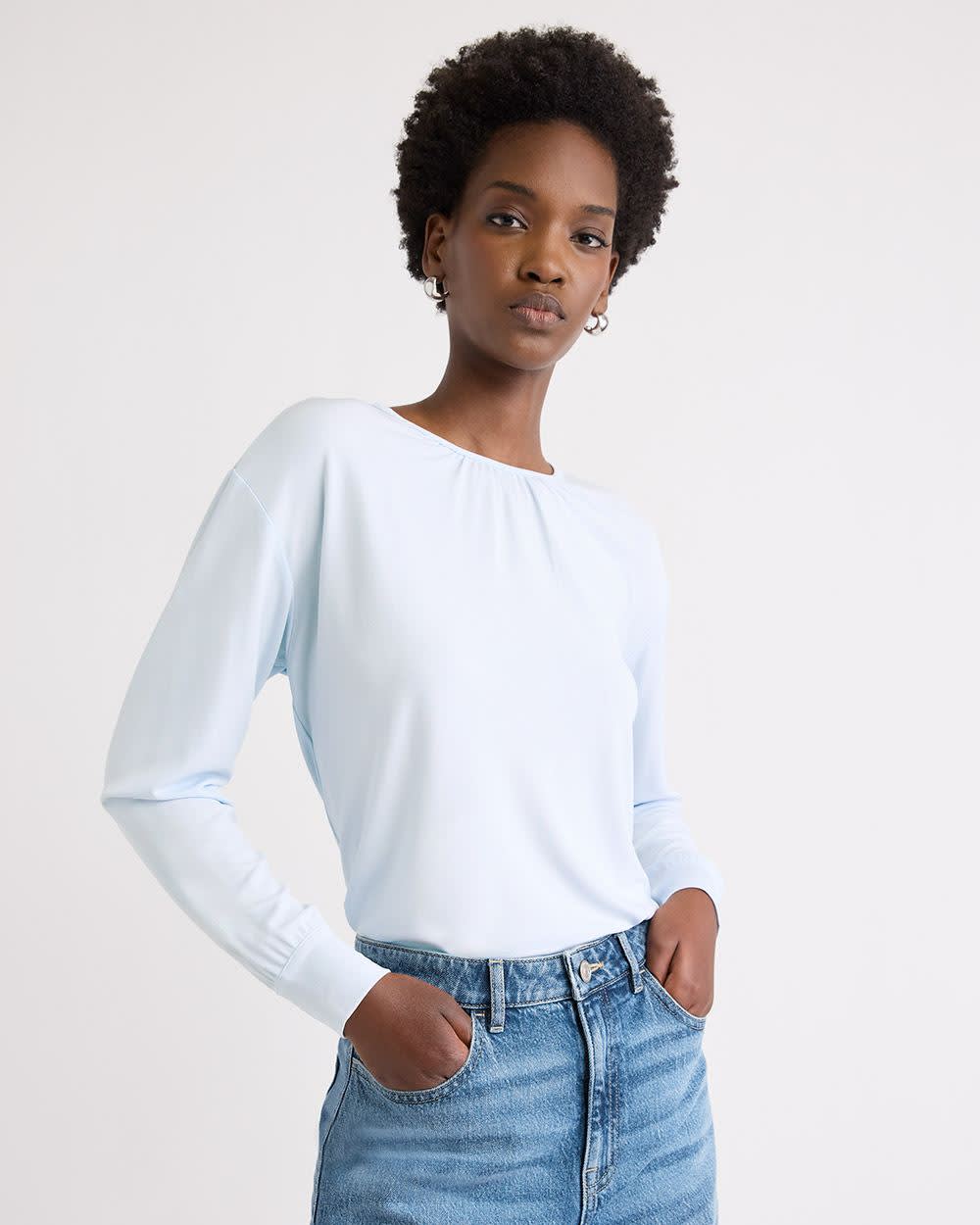 Long-Sleeve Top with Shirred Crew Neckline