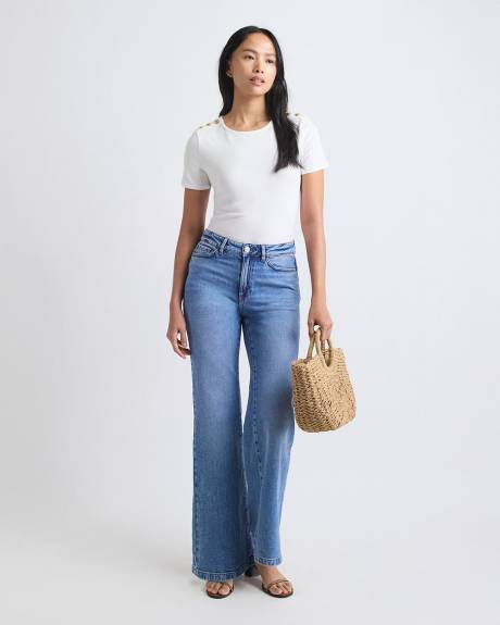 Haut &agrave; Manches Courtes et Col Rond avec Boutons &agrave; l'&Eacute;paule