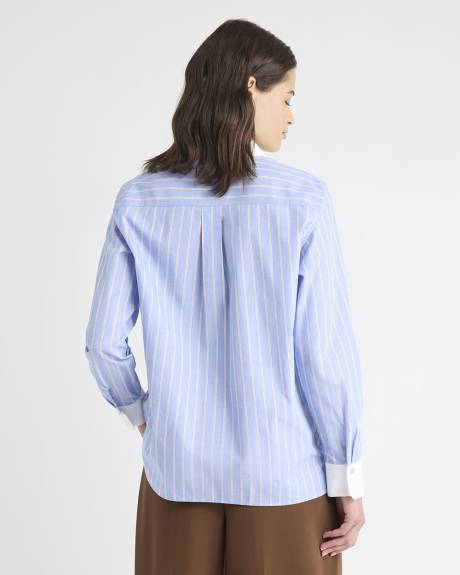Striped Long-Sleeve Buttoned-Down Poplin Blouse with Contrasting Details