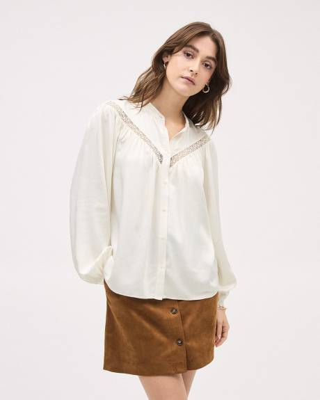 Long-Puffy-Sleeve Buttoned-Down Blouse with Eyelet Pattern