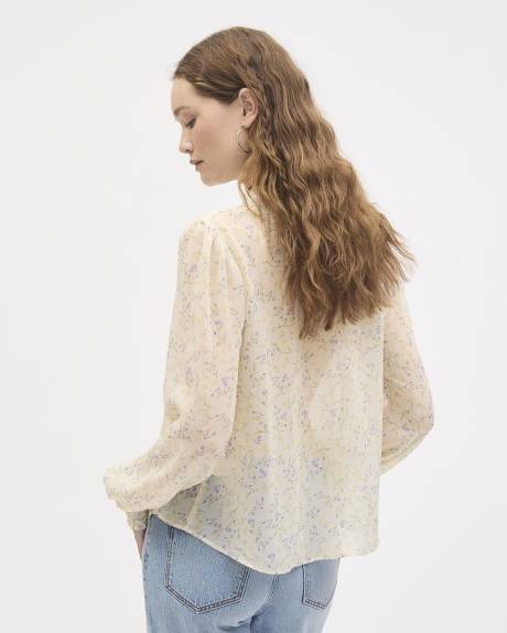 Long-Sleeve Mock-Neck Blouse with Ribbon at Neckline