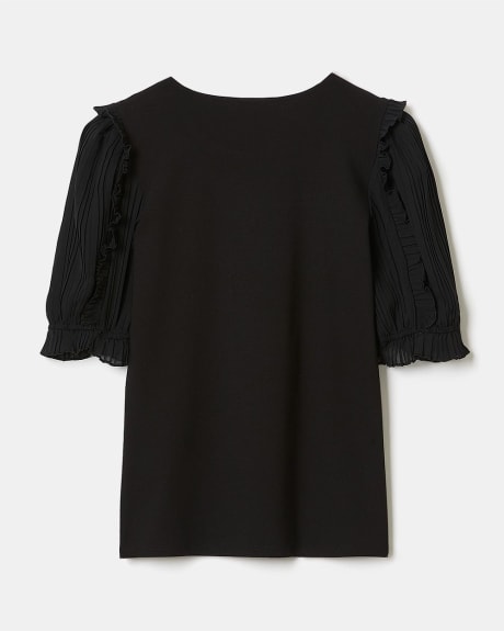 Mixed Media Crew-Neck T-Shirt with Frilled Chiffon Sleeves