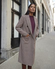 Houndstooth Long Double-Breasted Wool Coat