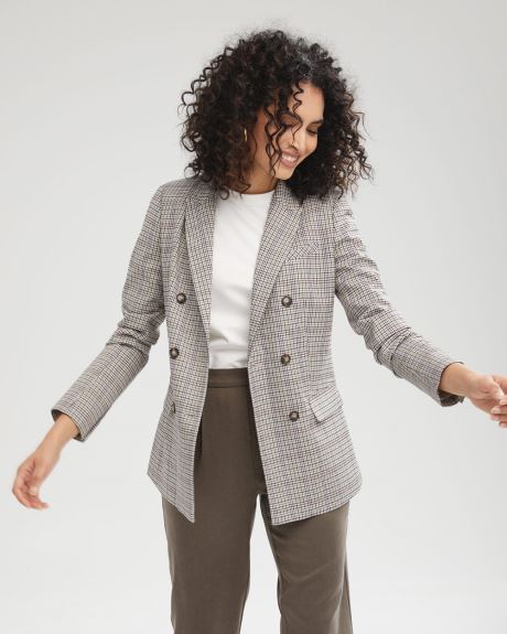 Fitted Faux Double-breasted Small Plaid Blazer