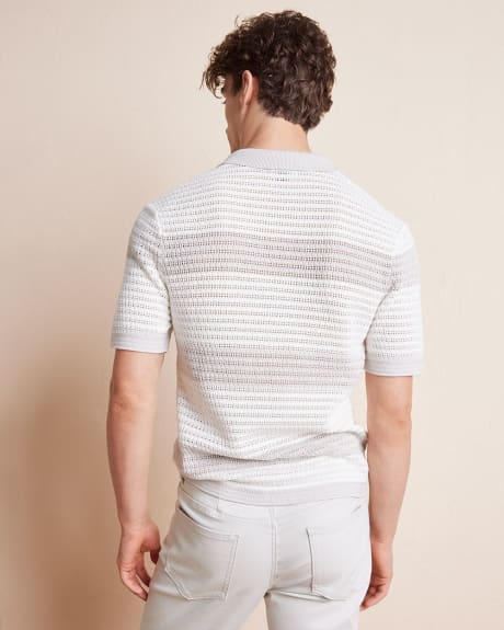 Short-Sleeve Crochet Knit Shirt with Camp Collar