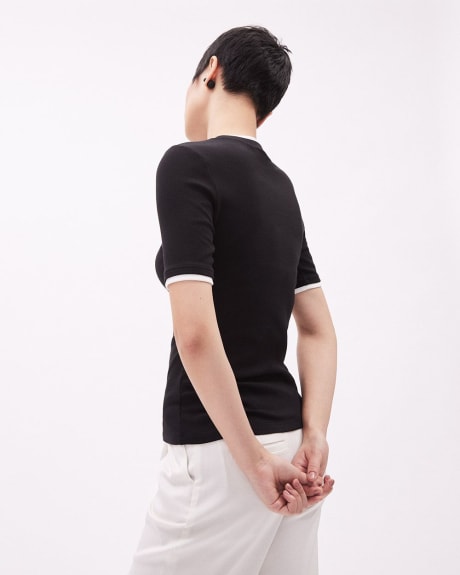 Colour-Blocked Elbow-Sleeve Crew-Neck Fitted Ribbed Tee