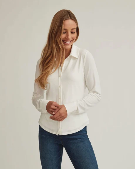 Double Layer Knit Crepe Long Sleeve Button-Down Shirt