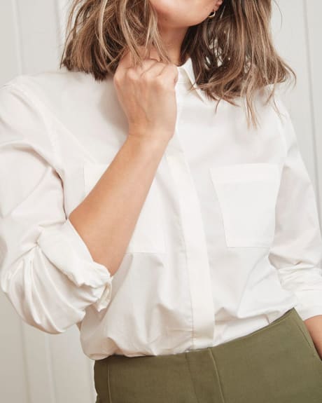 Button-Down Blouse with Shirt Collar and Side Slits