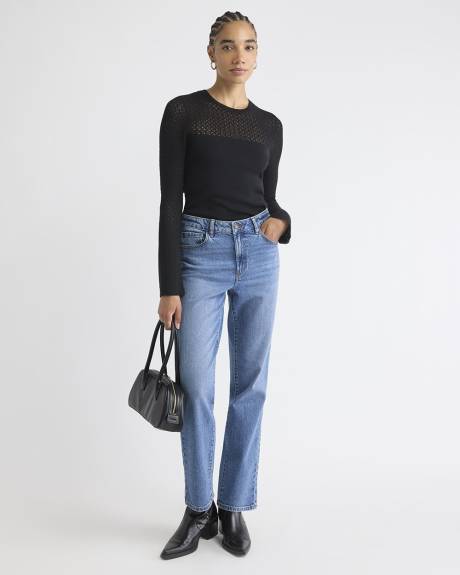 Pull à Manches Longues et Col Rond avec Empiècement en Mailles de Fantaisie