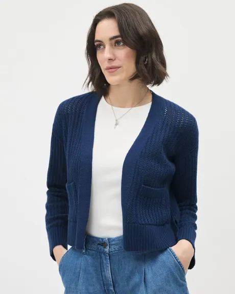 Long-Sleeve Cropped Open Cardigan with Fancy Stitches