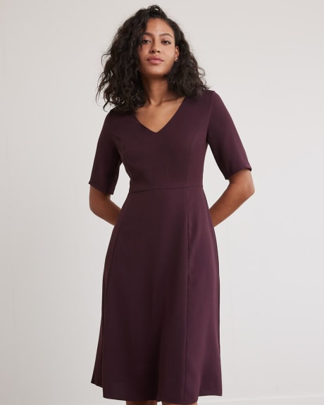 Short-Sleeve Fit and Flare Dress with V Neckline