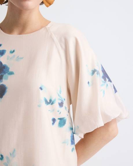 Robe Cocktail Mini &agrave; Manches Courtes Bouffantes et Col Rond