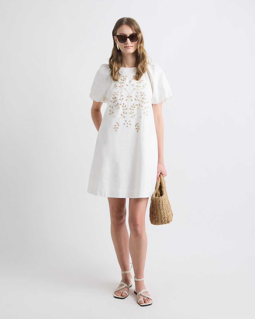 Short-Sleeve Crew-Neck Straight Mini Dress with Embroidery