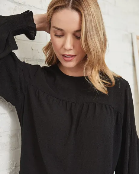 Crew-Neck Popover Blouse with Smocked Wrists