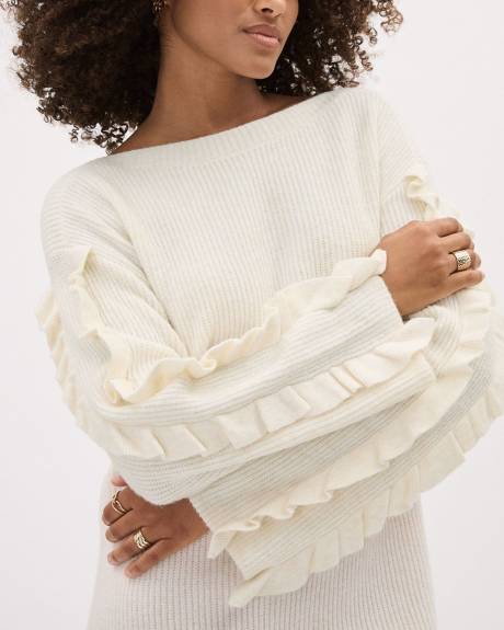 Robe Courte &agrave; Manches Longues &agrave; Volants et Col Bateau