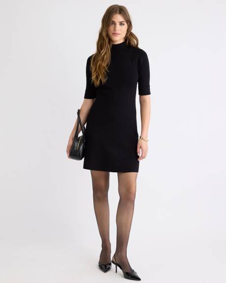 Elbow-Sleeve Mock-Neck Mini Sweater Dress