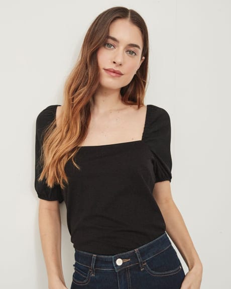Black Mixed-Media Square-Neck Tee with Puffy Sleeves