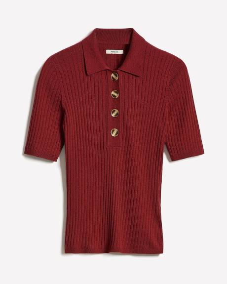 Elbow-Sleeve Ribbed Polo Sweater