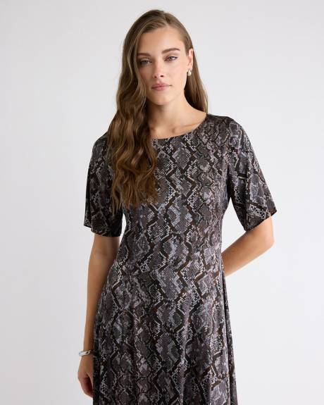 Short-Sleeve Satin Fit-and-Flare Midi Dress