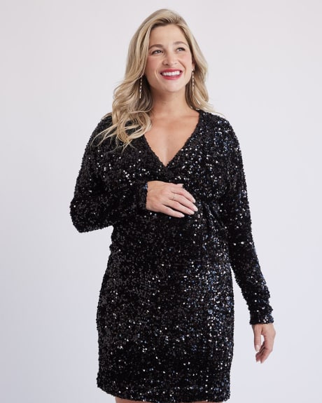 Black V-Neck Sequins Dress with Long Sleeves - Thyme Maternity