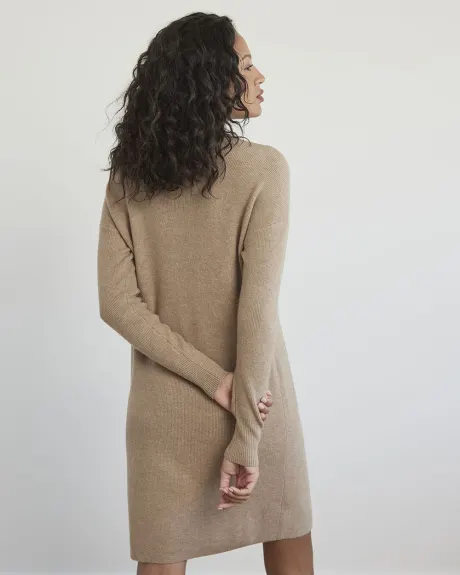 Long-Sleeve Mock-Neck Straight Dress with Buttons at Shoulder