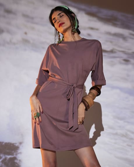 Straight Knit Solid Dress with Removable Waist Sash