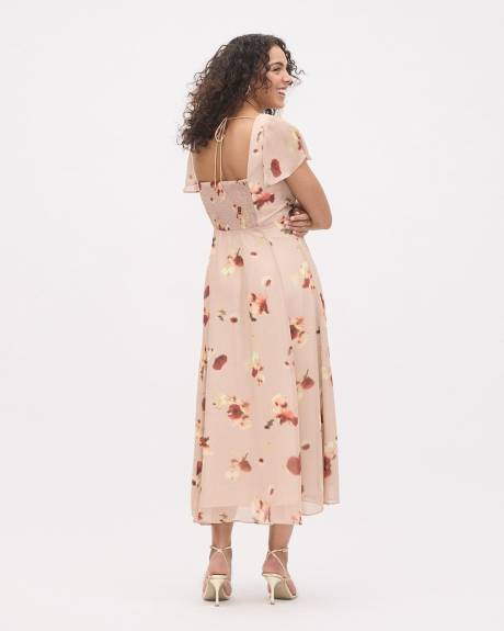 Short-Sleeve Midi Cocktail Dress with Square Neckline