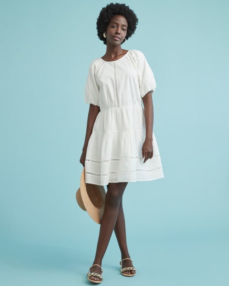 Cotton Voile Short Puffy Sleeve Dress with Paneled Skirt