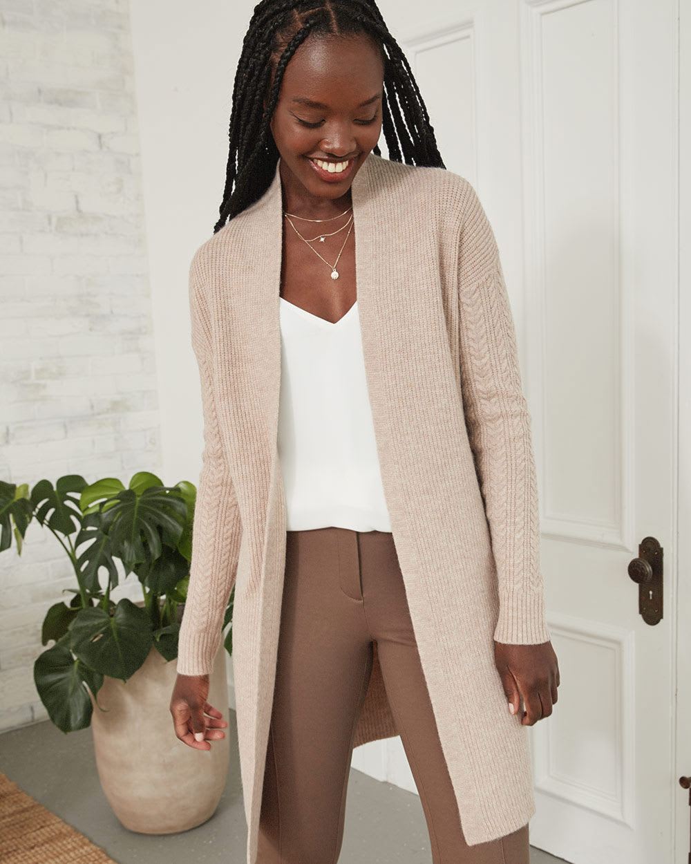 Cable-Sleeve Ribbed Cardigan with Shawl Collar