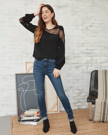 Crew Neck Long Sleeve Blouse with Novelty Lace Inserts