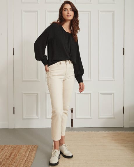 Crew-Neck Popover Blouse with Puffy Sleeves