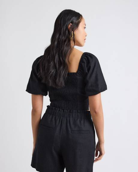 Haut Tube en M&eacute;lange de Lin &agrave; Col Carr&eacute; et Manches Bouffantes