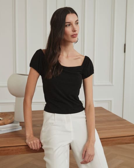 Knit Crepe Off-the-Shoulder Puffy Sleeve T-Shirt