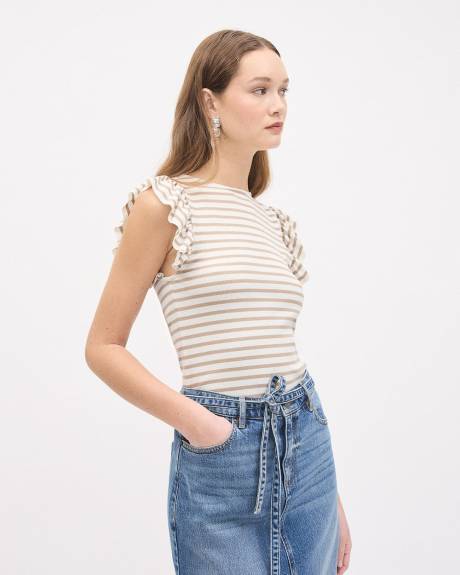 Haut Rayé à Col Rond et Manches Courtes à Volants