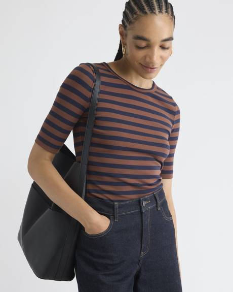 Striped Elbow-Sleeve Crew-Neck Fitted Tee