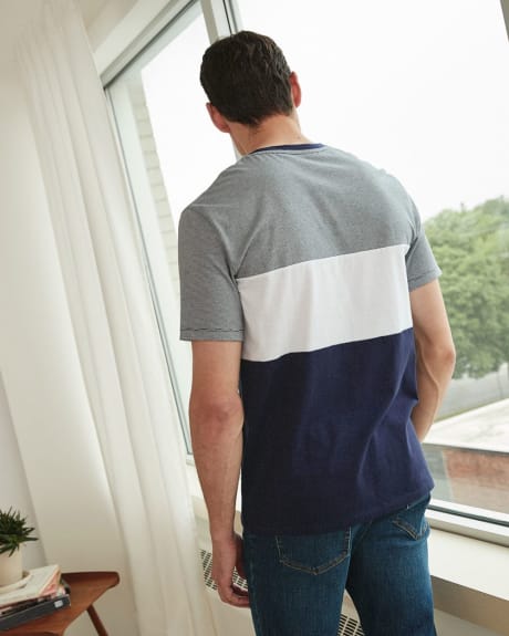 Pique T-Shirt with Colour Blocks and Chest Pocket