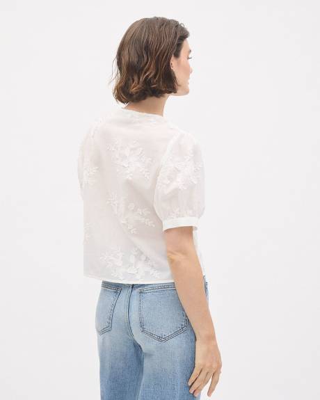 Short-Puffy-Sleeve Buttoned-Down Blouse with 3D Flowers