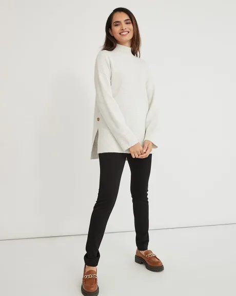 Spongy Mock Neck Tunic Sweater with Side Buttons