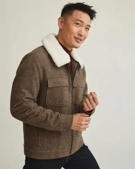 Short Houndstooth Wool Jacket with Removable Sherpa Collar