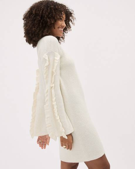 Robe Courte &agrave; Manches Longues &agrave; Volants et Col Bateau