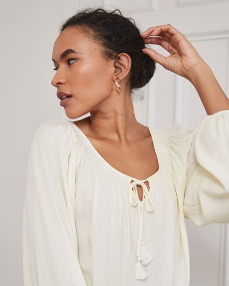 Long Sleeve Crosshatch Challis Popover Blouse with Neck Tassels