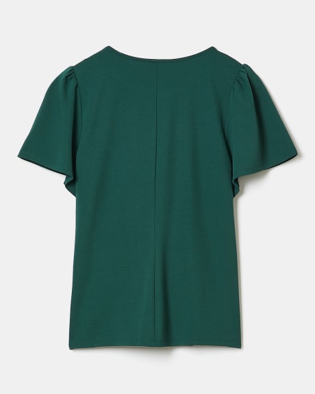 Fitted Crew-Neck Short Pleated Sleeve Top