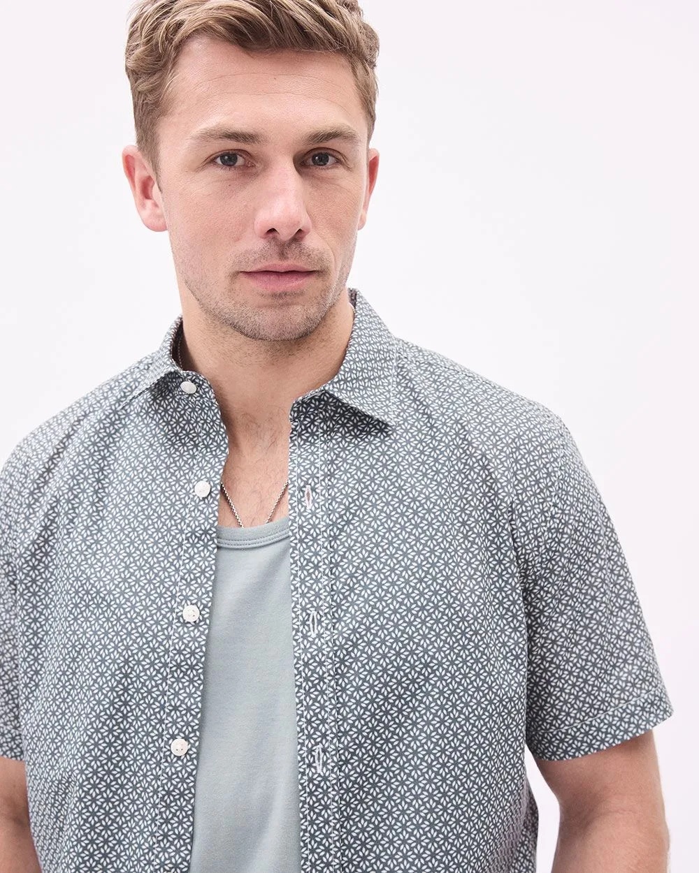 Slim-Fit Short-Sleeve Cotton Shirt with Geo Print