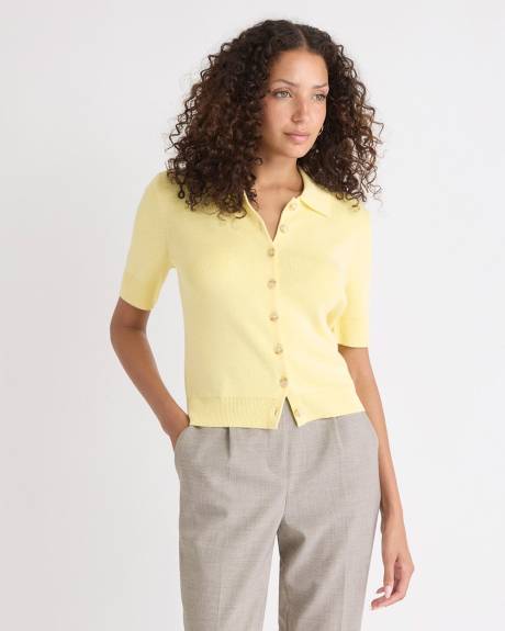 Short Elbow-Sleeve Cardigan with Shirt Collar