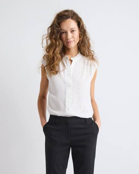 Blouse Boutonnée Sans Manches à Col Montant avec Garniture à Volants