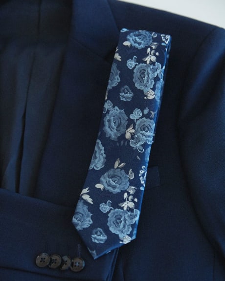 Cravate Régulière Marine à Motif de Fleurs Bleues