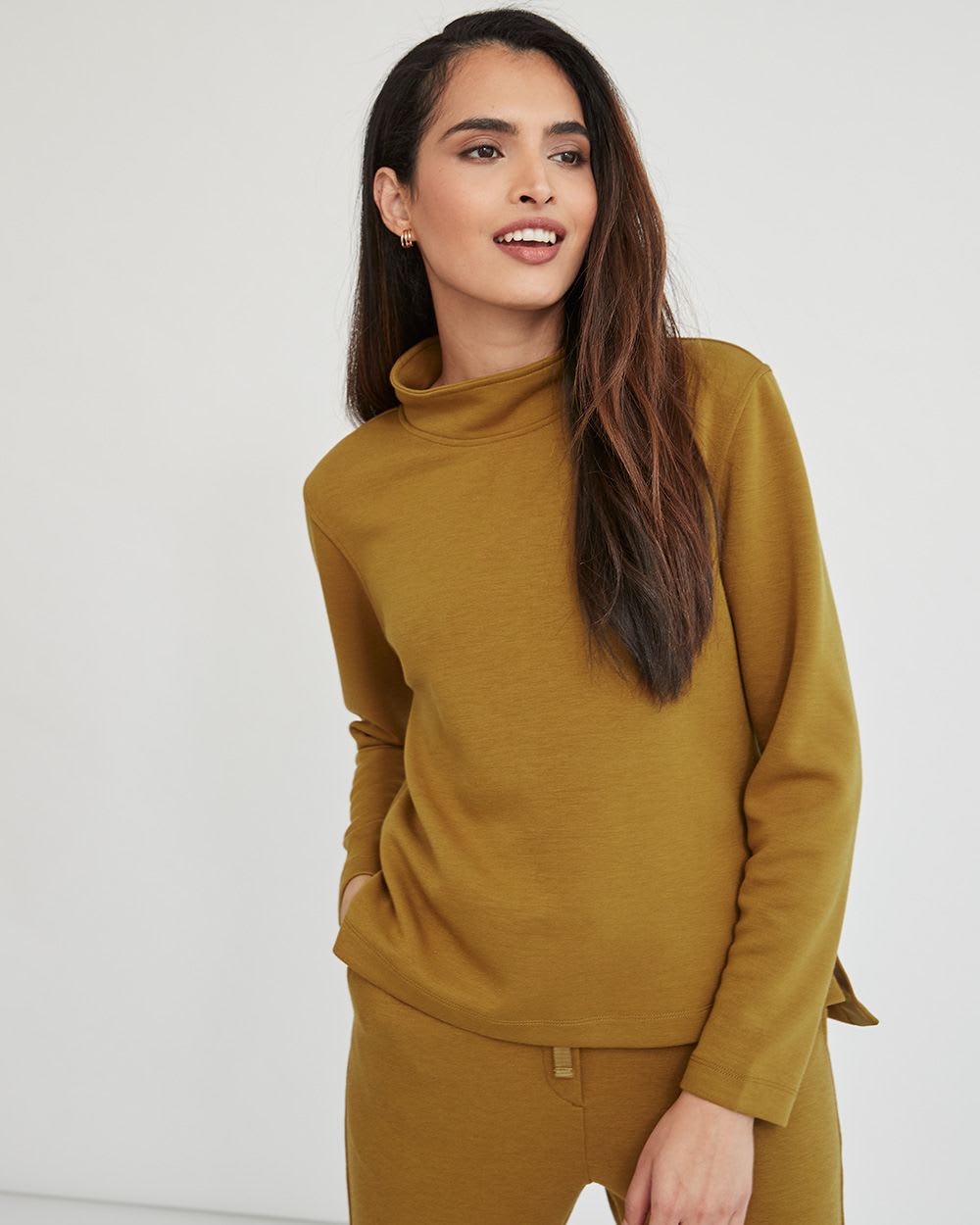 High-Neck Long Sleeve Scuba Top with Side Slits