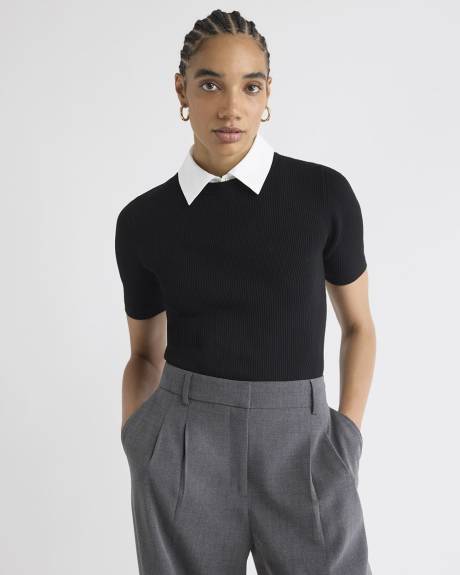 Pull Côtelé à Manches aux Coudes avec Col Chemisier Amovible